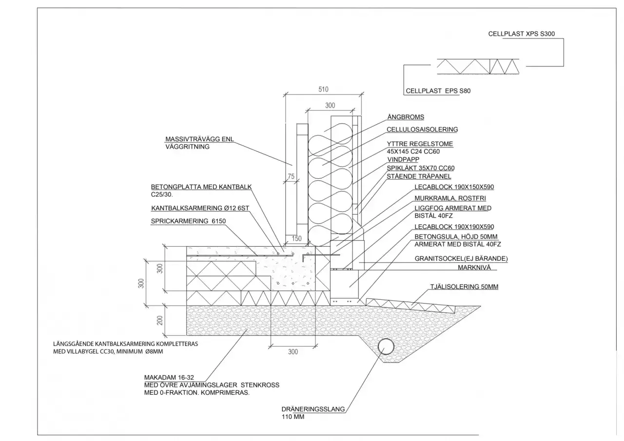 Detaljerad ritning visar en väggkonstruktion med lecablock direkt på mark, isolering och en betongplatta.