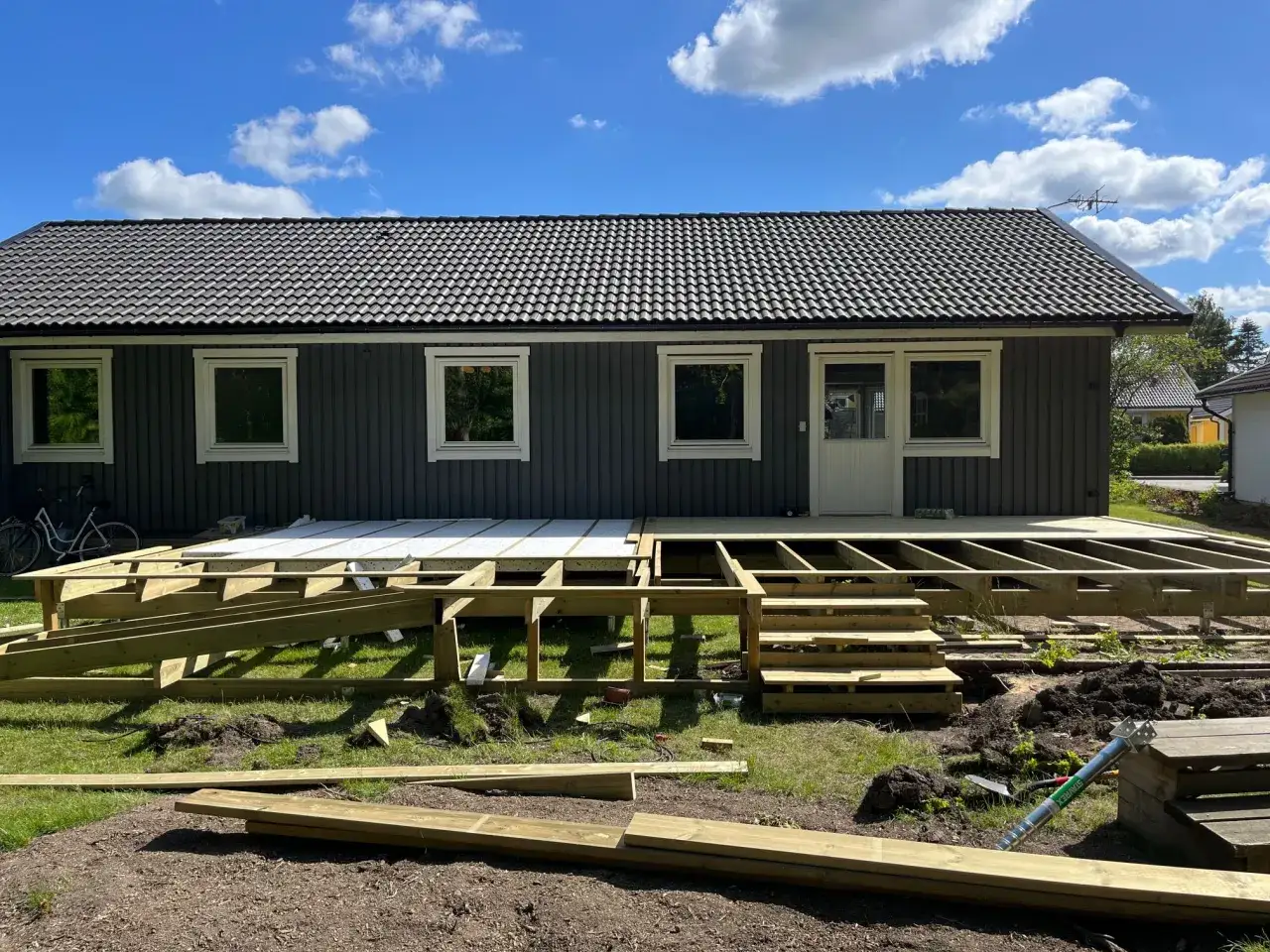 Trallstomme byggs framf&ouml;r huset. En bra planering &auml;r viktig f&ouml;r att h&aring;lla nere bygga trall kostnad.