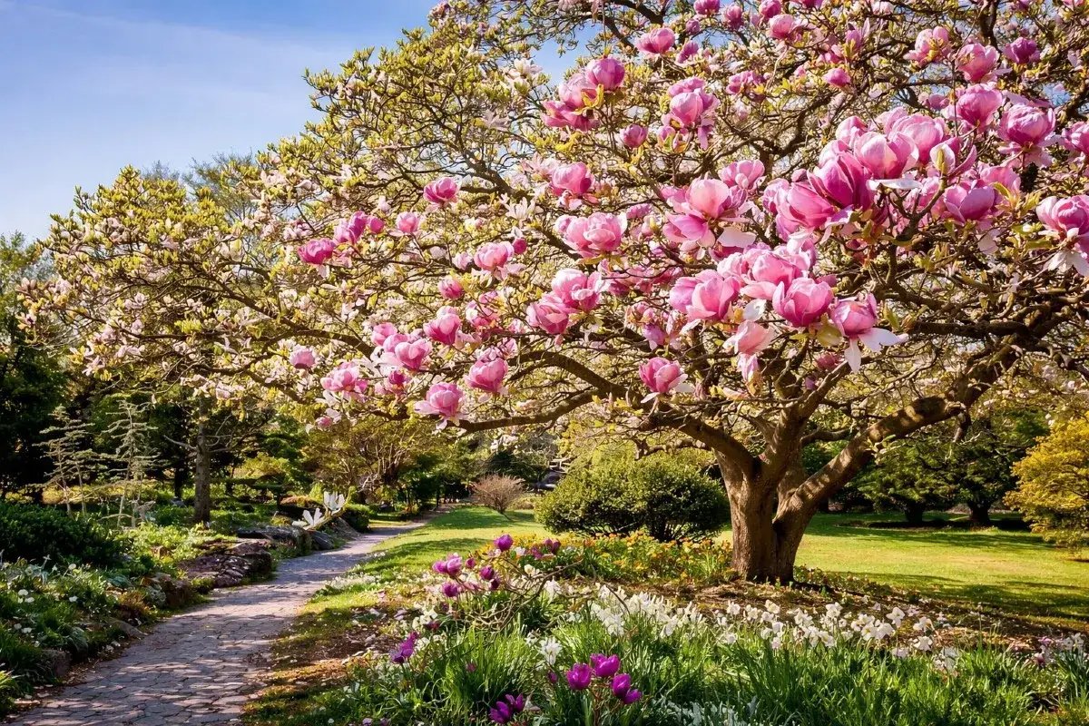 En magnifik klippa magnolia blommar i en lummig park. En stenlagd stig leder genom en tr&auml;dg&aring;rd fylld med tulpaner och andra v&aring;rblommor.
