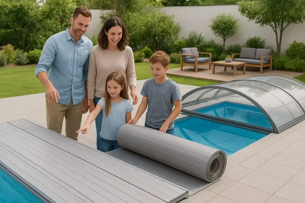 Familjen f&ouml;rbereder poolen f&ouml;r en svalkande stund. Snart &auml;r det dags f&ouml;r bebis bada i poolen, med solskyddet p&aring; plats.