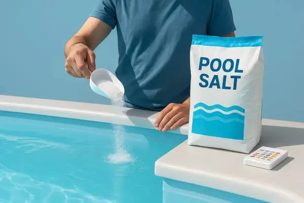 Man häller salt till poolen från en påse "POOL SALT". En liten testare ligger bredvid.