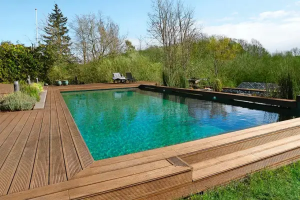 En vacker klorfri pool med trädäck och grönskande omgivning. Perfekt för avkoppling i naturen.