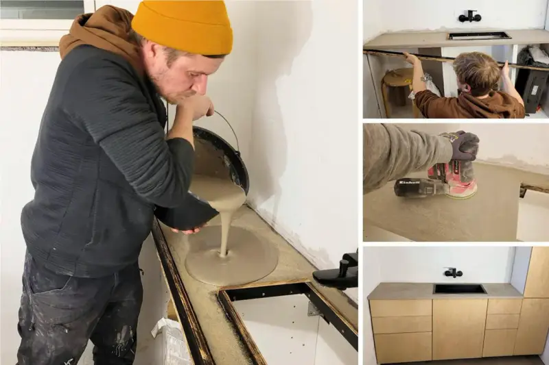 Man häller betong för att behandla betongskiva. Sedan slipas ytan och en färdig bänkskiva med skåp visas.